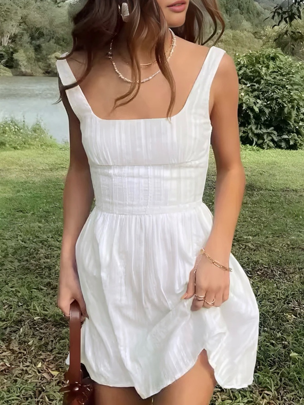Commense White Square Neck Mini Dress Medium Cotton Blend NWT